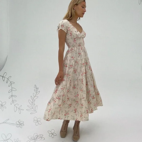 WeWoreWhat || Puff Sleeve Smocked Midi Dress in Dainty Floral Almond Milk Small - Picture 1 of 11